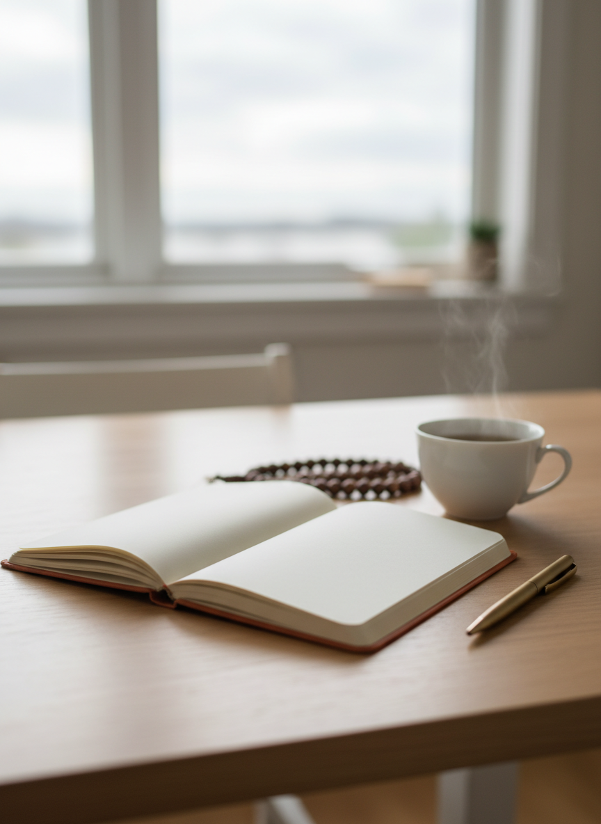 Una libreta de tapa dura color terracota, abierta sobre una mesa de madera clara con vetas visibles, mostrando páginas en blanco listas para escribir reflexiones de yoga y meditación. A su lado, un bolígrafo de diseño fino en metal dorado mate, una taza de té de porcelana blanca con infusión humeante y unas cuentas de mala de madera oscura elegantemente colocadas. La escena se sitúa cerca de una ventana desde la que entra luz suave de mañana nublada, generando una iluminación uniforme y delicada sin contrastes fuertes. Fotografía realista desde un ángulo ligeramente elevado, con enfoque nítido en la libreta y un fondo desenfocado que sugiere una sala acogedora y ordenada. El ambiente transmite calma reflexiva, disciplina suave y sofisticación cotidiana.