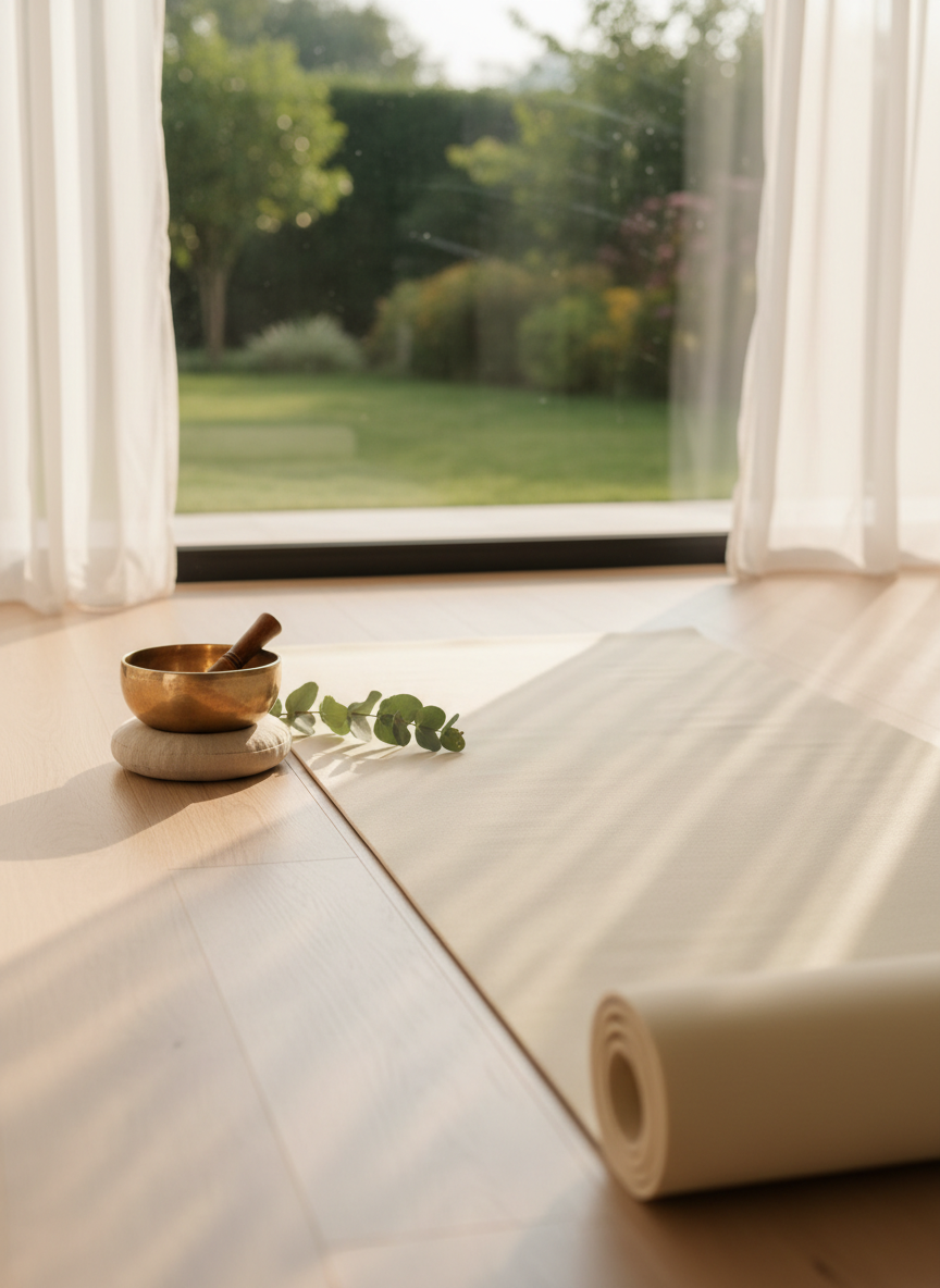 Una esterilla de yoga color marfil desplegada con perfecta precisión sobre un suelo de madera clara impecable, junto a una ventana panorámica que enmarca un jardín exuberante y sereno. La luz de la mañana entra suavemente a través de visillos blancos translúcidos, bañando la escena con un resplandor dorado y difuso que crea sombras muy delicadas a lo largo de la esterilla. A un lado, un cuenco tibetano metálico de tonos dorados reposa sobre un pequeño cojín de lino beige, acompañado de una rama de eucalipto fresco. Fotografía realista a nivel de suelo, con la esterilla en primer plano y el jardín ligeramente desenfocado, transmitiendo una atmósfera sofisticada, silenciosa y contemplativa, ideal como imagen principal de un blog de yoga y meditación.