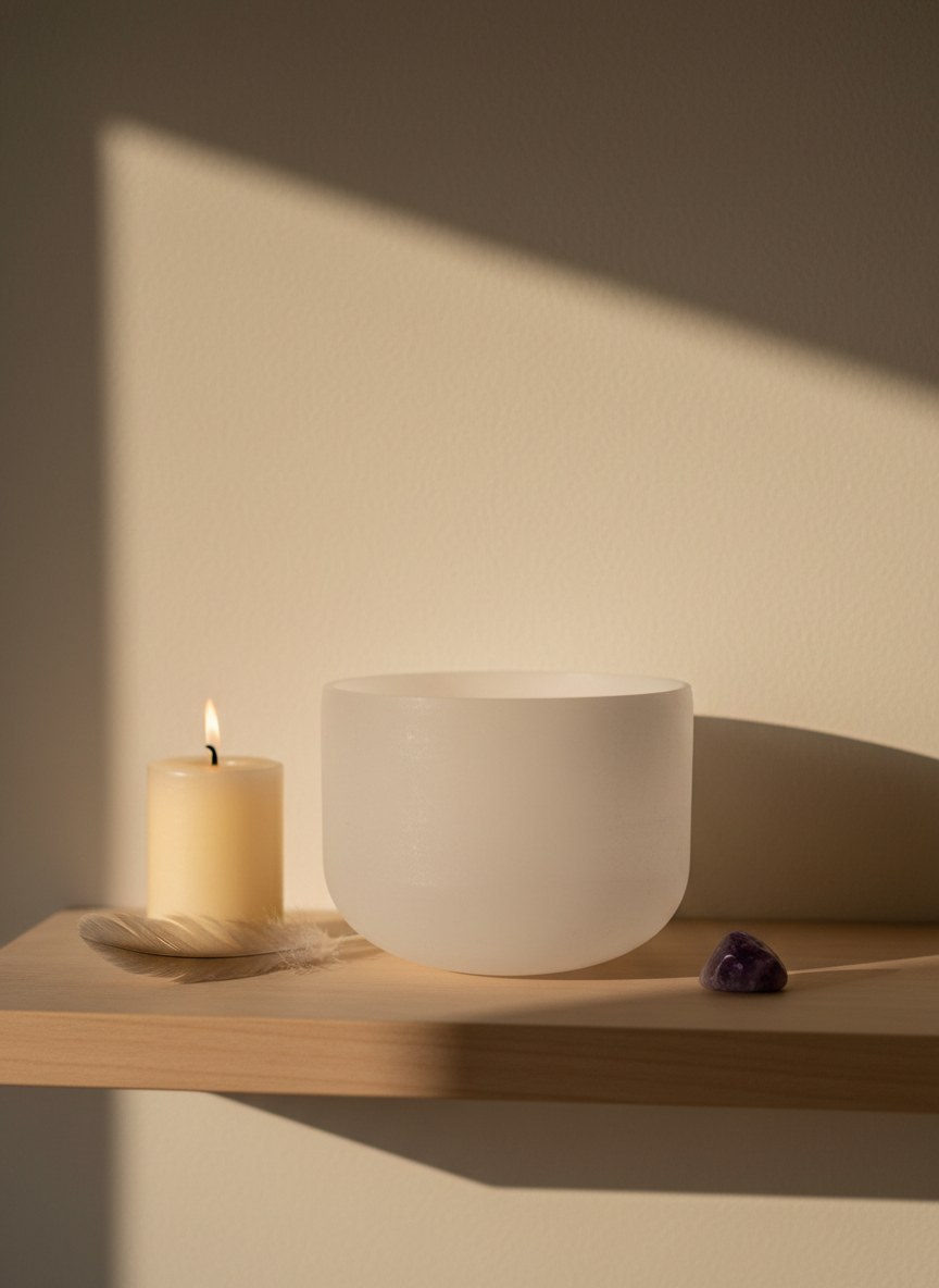 Un altar minimalista para meditación dispuesto sobre una repisa de madera clara contra una pared lisa color arena. En el centro descansa un cuenco de cuarzo blanco traslúcido para sound healing, con una superficie pulida que refleja sutilmente la luz. A su alrededor, pocas piezas cuidadosamente elegidas: una vela gruesa color crema encendida, una pluma gris perla y una pequeña piedra de amatista. La escena está iluminada por luz natural de tarde que entra lateralmente, creando brillos suaves en el cuarzo y sombras largas y elegantes. Fotografía en plano medio, composición equilibrada con regla de tercios y fondo suavemente desenfocado. El ambiente es sofisticado, introspectivo y profundamente calmante, evocando el espacio íntimo donde Marcela prepara sus sesiones.