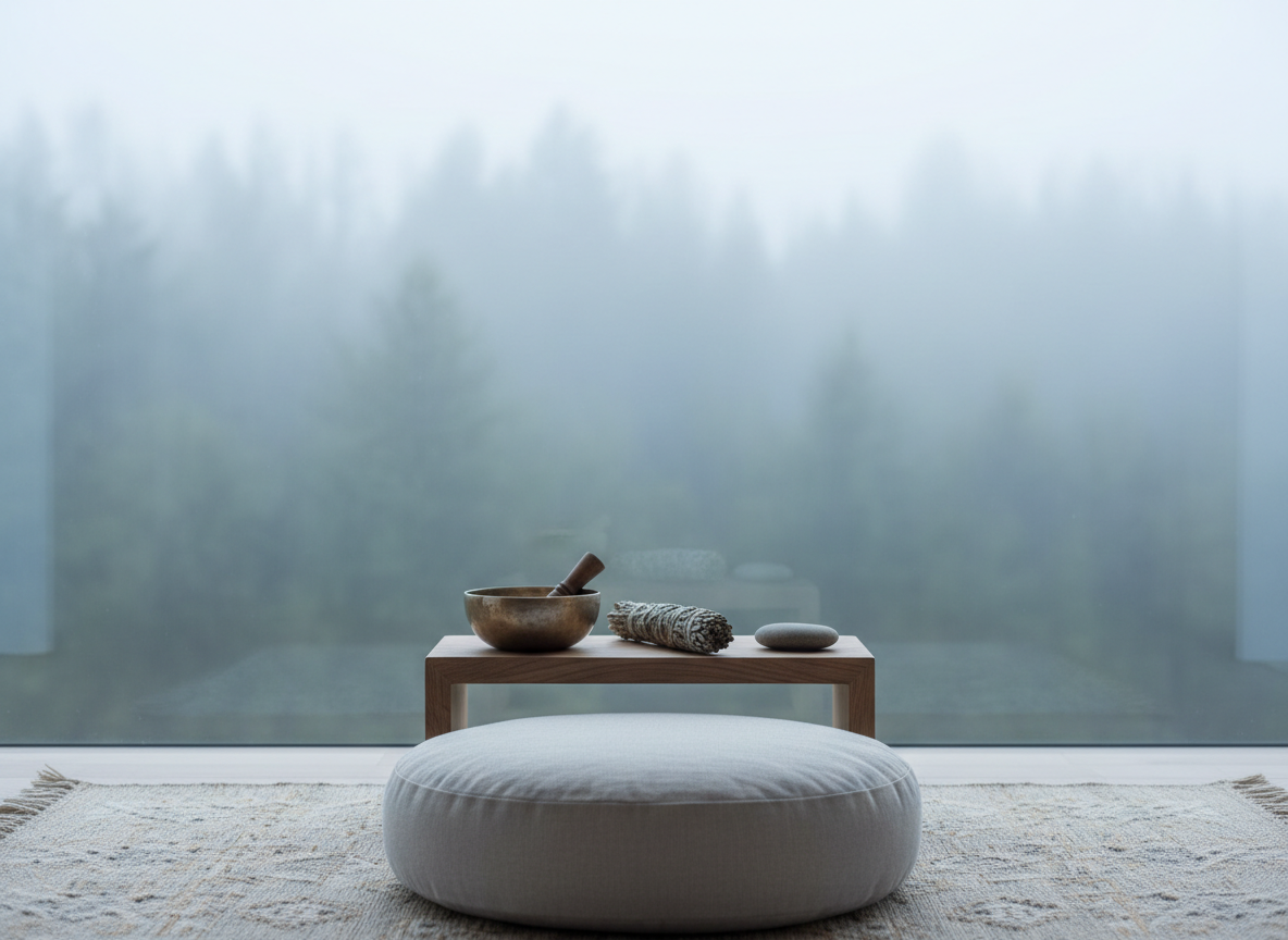 Un rincón de meditación junto a una gran ventana que da a un bosque brumoso, con un cojín de meditación redondo de lino gris claro colocado sobre una alfombra tejida a mano en tonos beige y crema. Frente al cojín, una pequeña mesita baja de madera natural sostiene un cuenco tibetano antiguo con pátina suave, una rama de salvia seca y una piedra lisa color humo. La luz de primera hora de la mañana entra filtrada por la niebla exterior, envolviendo todo en un resplandor suave y lechoso que difumina los contornos. Fotografía realista en plano medio, con el cojín en primer plano y el bosque suavemente desenfocado. El ambiente es profundamente contemplativo, elegante y silencioso, perfecto para artículos sobre meditación diaria y bienestar interior.