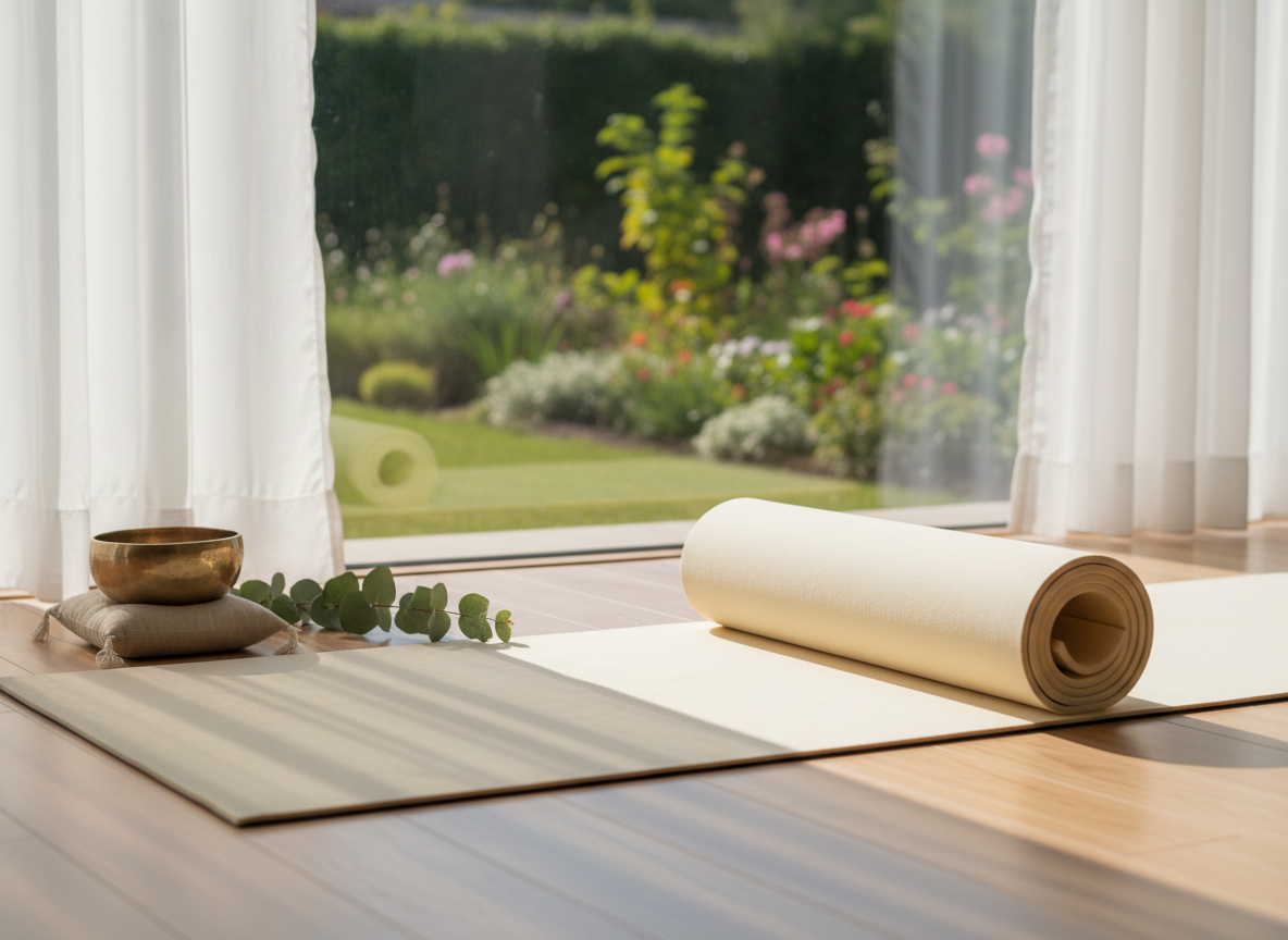 Una esterilla de yoga color marfil desplegada con perfecta precisión sobre un suelo de madera clara impecable, junto a una ventana panorámica que enmarca un jardín exuberante y sereno. La luz de la mañana entra suavemente a través de visillos blancos translúcidos, bañando la escena con un resplandor dorado y difuso que crea sombras muy delicadas a lo largo de la esterilla. A un lado, un cuenco tibetano metálico de tonos dorados reposa sobre un pequeño cojín de lino beige, acompañado de una rama de eucalipto fresco. Fotografía realista a nivel de suelo, con la esterilla en primer plano y el jardín ligeramente desenfocado, transmitiendo una atmósfera sofisticada, silenciosa y contemplativa, ideal como imagen principal de un blog de yoga y meditación.