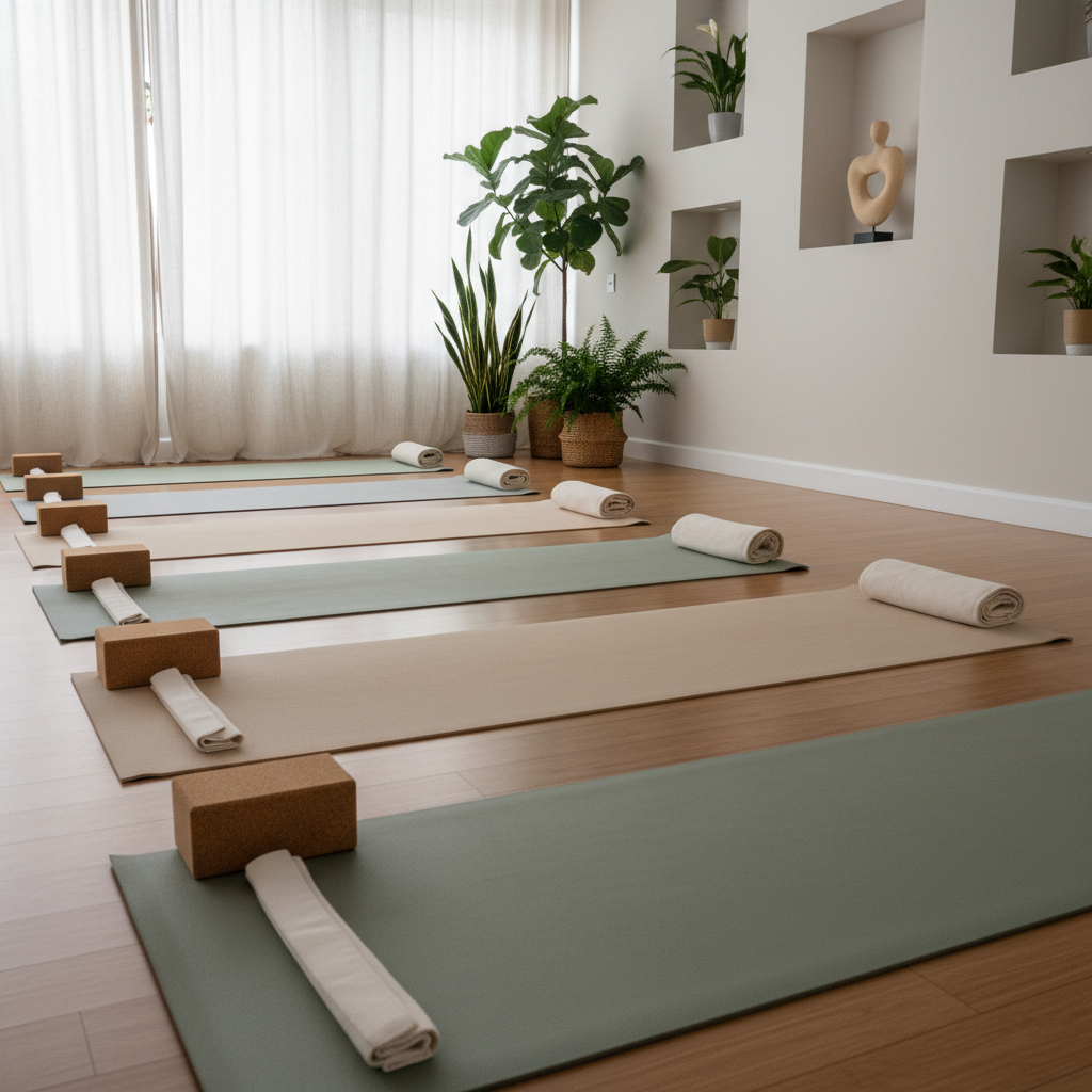 Una escena de práctica de yoga sin personas, donde varias esterillas de tonos neutros —gris perla, arena y verde salvia suave— están cuidadosamente alineadas sobre un suelo de bambú impecable en un estudio luminoso. En la parte frontal de cada esterilla reposa un bloque de corcho natural y un cinturón de algodón blanco doblado con precisión. Al fondo, una pared con nichos minimalistas alberga plantas de interior elegantes y una pequeña escultura abstracta que evoca equilibrio. La luz es clara y difusa, proveniente de amplios ventanales con cortinas de lino, creando un ambiente aireado y tranquilo. Fotografía realista en ángulo ligeramente diagonal, enfatizando la repetición y el orden. La atmósfera es sofisticada, profesional y profundamente apacible, ideal para ilustrar clases guiadas por Marcela.